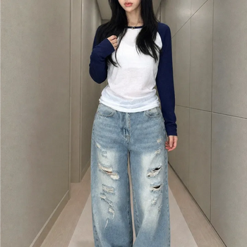 Used Washed Distressed Wide Denim Long Pants