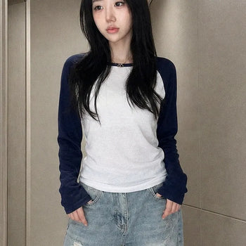 Nerd Color Block Raglan One-Shoulder Delicate Long Sleeve T-shirt