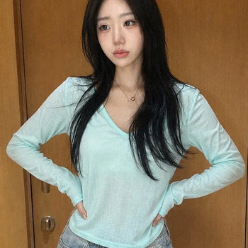 Deep V-Neck Ribbed Slim Fit Long Sleeve T-Shirt
