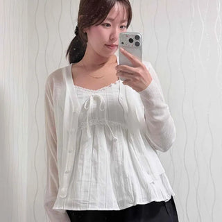 Linen See-through V-Neck Button Crop Loose Fit Cardigan