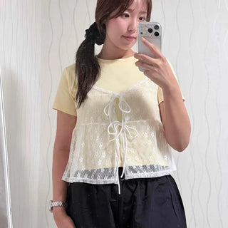 Layered Bustier Sleeveless Set See-through Punched Frill Round Neck Oversized Short Sleeve Tee
