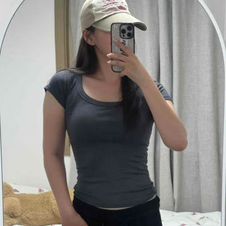 Stretchy Square Neck Cap Sleeve Slim Fit Crop Short Sleeve Tee