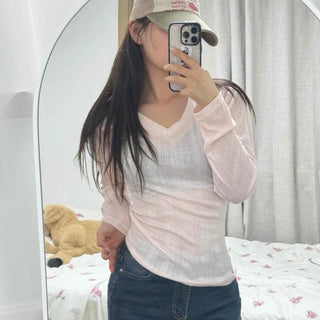 V-Neck Ribbed See-through Slim Fit Knit Long Sleeve T-shirt