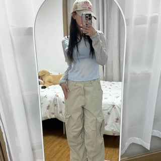 Cotton Balloon Pintuck Two-Buckle Cargo Wide Low-Rise Long Pants