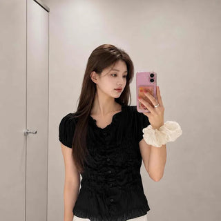 Chiffon Shirred Pleated Layered Crop Blouse