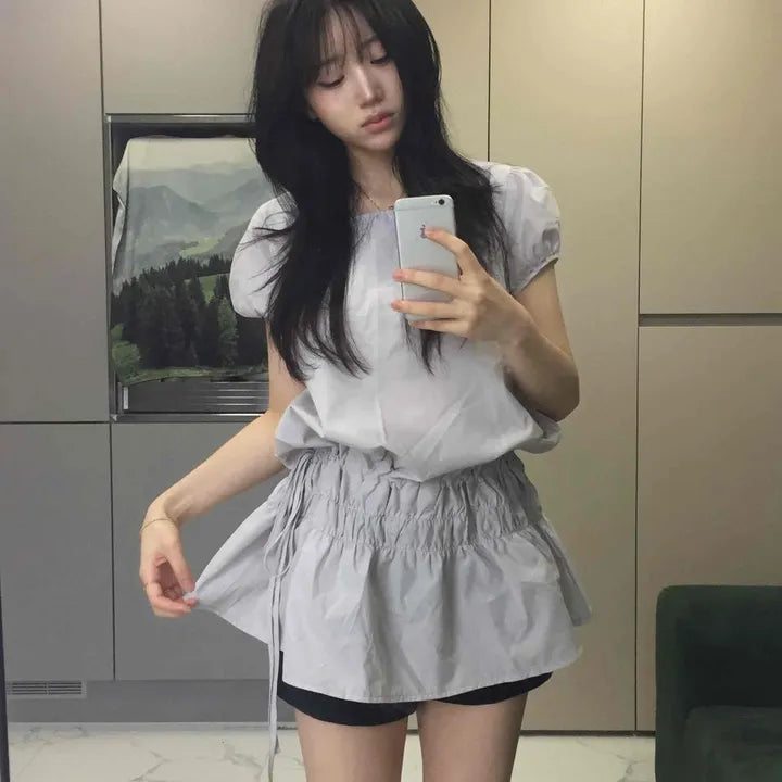 Crisp Cap Sleeve Shirred Ribbon String U-Neck Loose Fit Elastic Flare Layered Mini Dress