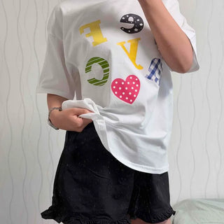 Oversized Round Neck Lettering Heart Graphic Short Sleeve T-shirt