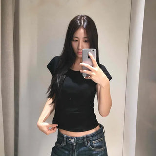 Slim Fit Round Neck Cotton Blend Crop Short Sleeve T-shirt