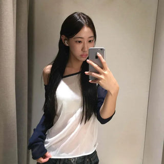 See-through Contrast Raglan Off-shoulder Crop Hand-covering Knit