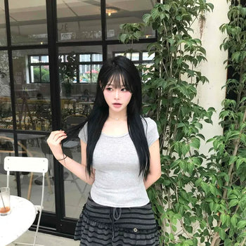 Frill Stripe Elastic Button Flare Low-Rise Mini Skirt