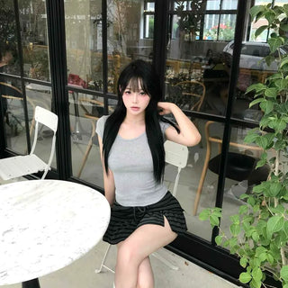 Cap Sleeve Round Neck Button Cut Slim Fit Crop Short Sleeve T-shirt