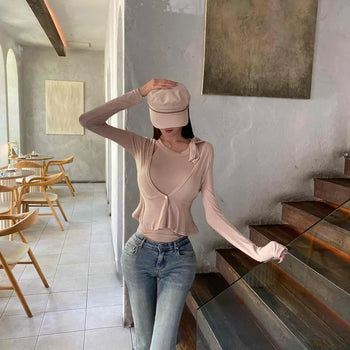 Ribbed Ribbon V-Neck See-through Slim Fit Crop Set Cardigan