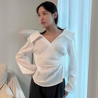 Sailor Collar Draped Shirred Button Slim Fit Long Sleeve Blouse