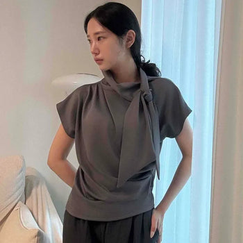 Chiffon Collar Ribbon Tie Drape Shirred Cap Sleeve Slim Fit Blouse