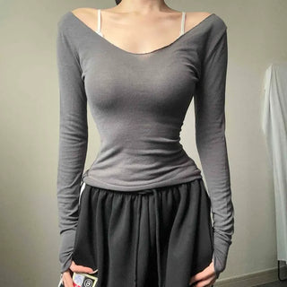 Wool V-neck Delicate Sleeve Slim Fit Long Sleeve T-shirt