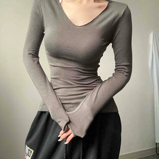 V-neck Tencel Gauze Soft Slim Fit Long Sleeve T-shirt