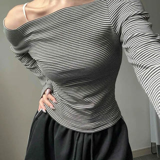 Off-shoulder Slim Fit Cropped Striped Cotton Long-sleeve T-shirt