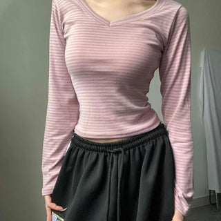 V-Neck Striped See-Through Cotton Blend Cinched Fit Crop Long Sleeve T-Shirt