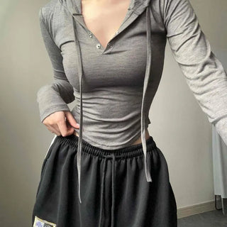 Slim Fit Crop Long Sleeve T-shirt with Tuck Buttons and Rolled Hem