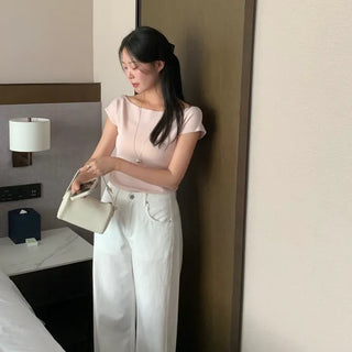 Nier Boat Neck Asymmetrical Off-Shoulder Cap Sleeve Short Sleeve Knit