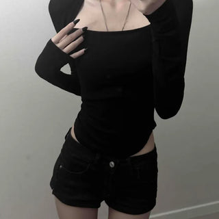 See-through Knit Asymmetrical Round-neck Bolero Crop Slim Fit Square Neck Long Sleeve T-shirt