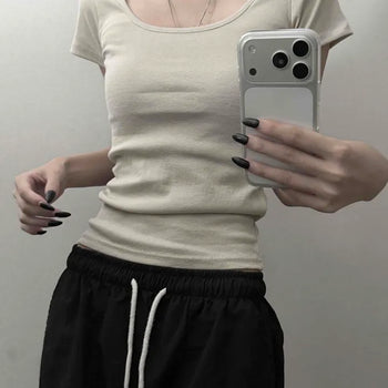 Slim Fit Square Neck Crop Knit Inner Short Sleeve Tee