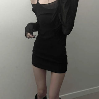 See-through Knit Slim Fit Long Sleeve Mini Dress