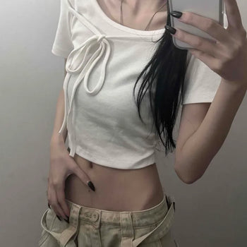 Ribbon Strap Side Shirring Slim Fit Crop Short Sleeve T-shirt