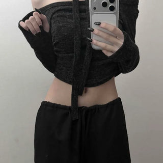 Deep U-Neck Side Shirring String Crop Knit