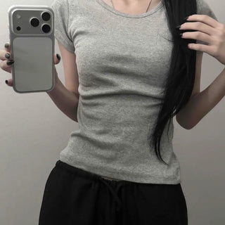 Round Neck Slim Fit Cinched Waist Stretch Spandex Crop Short Sleeve Tee