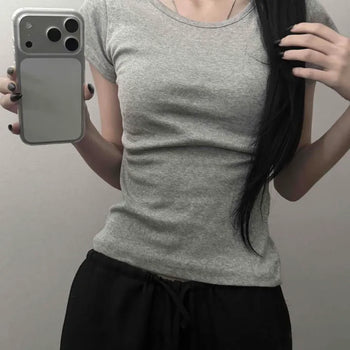Round Neck Slim Fit Cinched Waist Stretch Spandex Crop Short Sleeve Tee