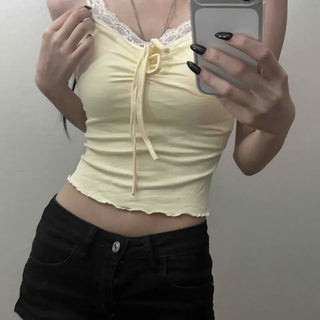Lace Front Ribbon Shirring Built-in Cup Stretch Spandex Slim Fit V-Neck Strap Sleeveless