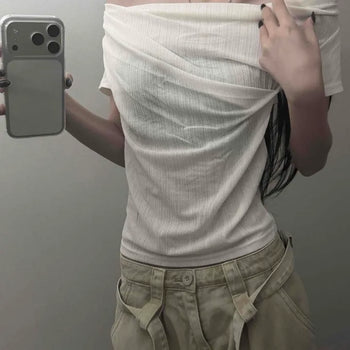Boat Neck Shirred Drape Stretchy Spandex Knit Slim Fit Crop Short Sleeve Tee