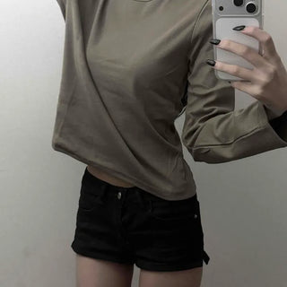 Cotton Loose Fit U-Neck Crop Long Sleeve T-Shirt