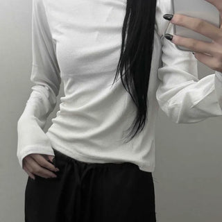Ribbed Round Neck Stretch Bracket Layered Slim Fit Long Sleeve T-shirt