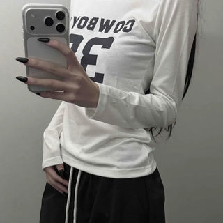 Asymmetrical Off-Shoulder Lettering Slim Fit Poly-Rayon Long Sleeve T-Shirt