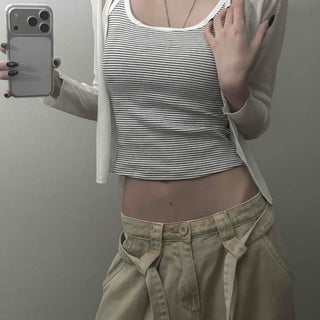 Built-in Cup Cover Striped Cotton Slim Fit Semi-Crop Sleeveless