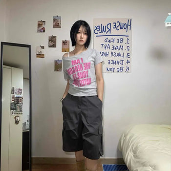 Cargo Large Pocket Drawstring Wide Bermuda Shorts