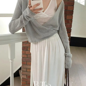 Ella Wrap Cardigan, Wrap Knit Cardigan, Cropped Slim Fit See-through Long Sleeve Layered Bolero