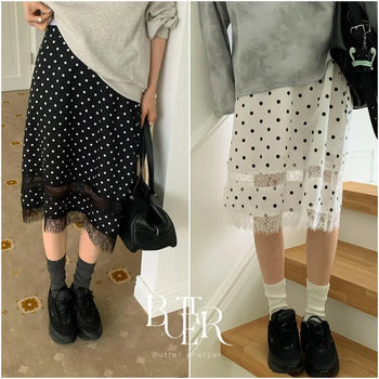 Scrunchie polka dot skirt, lace-blocked polka dot pattern elastic band midi skirt