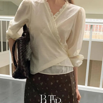 Edel Wrap Frill Blouse, V-neck Neckline Frill Ribbon Wrap Puff Long Sleeve Transitional Season 2 Colors