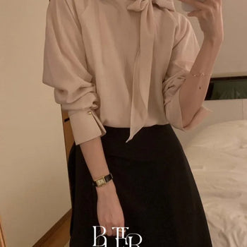 Art Raglan Tie Blouse Scarf Ribbon Tie Mock Neck Blouse 3 Colors