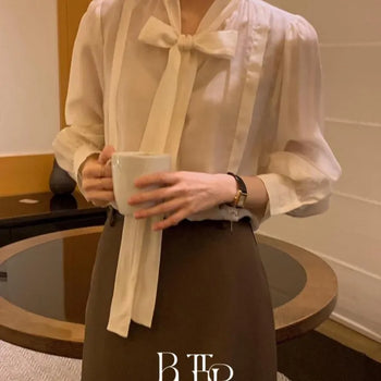 Roang Tie Blouse, Ribbon Scarf V-Neck Shirred Long Sleeve Blouse Transitional Season 3 Colors