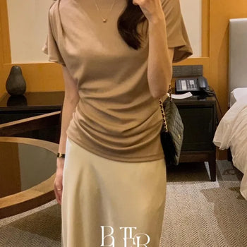 Diamant Mock Neck T-shirt, Shirred Drape Lip Neck Mock Neck Cap Sleeve Short Sleeve Mock Neck 4 Colors