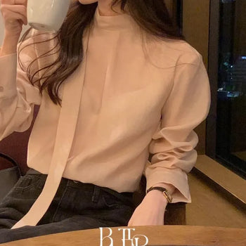 Soft Tie Blouse, High Neck Back Ribbon Tie, Wool Mock Neck Wedding Guest Look Autumn Look 4 Colors