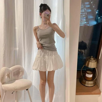 Lace Punching Frill Balloon Tiered High-Waisted Back Elastic Shorts Mini Skirt