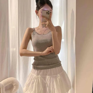 Lace Ribbed Square Neck Thin Strap Slim Fit Inner Sleeveless