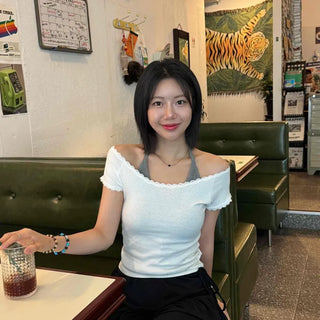 Lace Ribbed Semi-Off-Shoulder Cropped Slim Fit Layered Inner Short Sleeve T-shirt