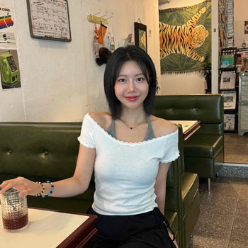 Lace Ribbed Semi-Off-Shoulder Cropped Slim Fit Layered Inner Short Sleeve T-shirt