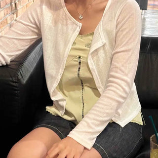Round Neck Ribbed See-through Delicate Fit Knit Cardigan
